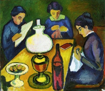 three women at the table by the lamp Painting - Three Women at the Table by the Lamp August Macke